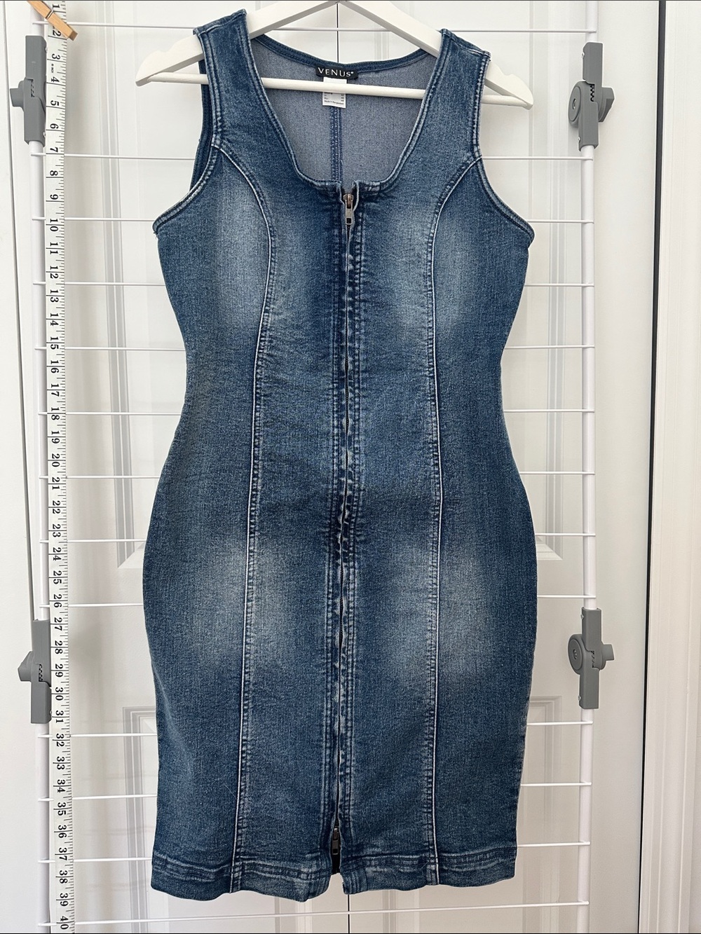 VENUS Faded Washed Blue Denim Zip-Front Bodycon Dress